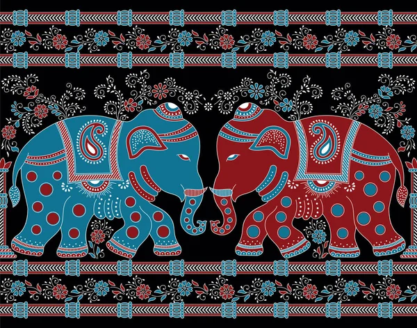 Borde Elefante Asiático Tradicional Sin Costuras Sobre Fondo Negro — Vector de stock