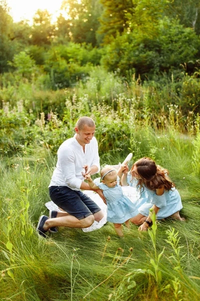 幸せな若いです家族とともに赤ちゃん女の子上のピクニックでザ公園 — ストック写真