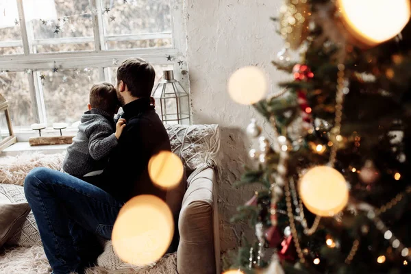 Young Father Boy Home Christmas — Stock Photo, Image