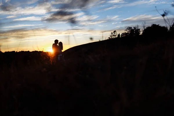 Jeune Couple Amoureux Embrasser Dans Champ Coucher Soleil — Photo