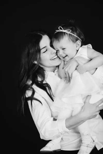 Happy Young Beautiful Mother Little Cute Girl Black White — Stock Photo, Image