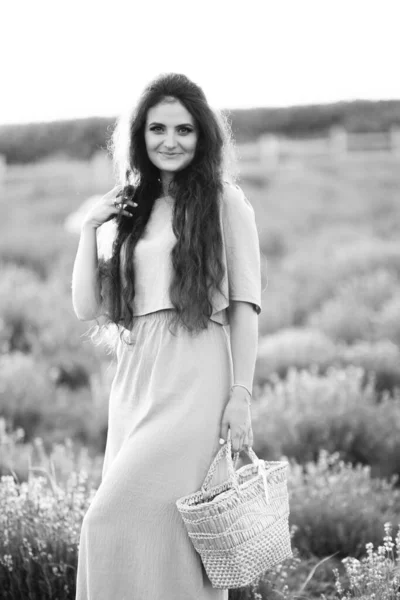 Beautiful Young Woman Field Lavenders — Photo