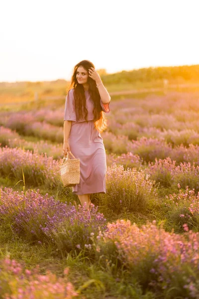 Beautiful Young Woman Field Lavenders — Fotografia de Stock