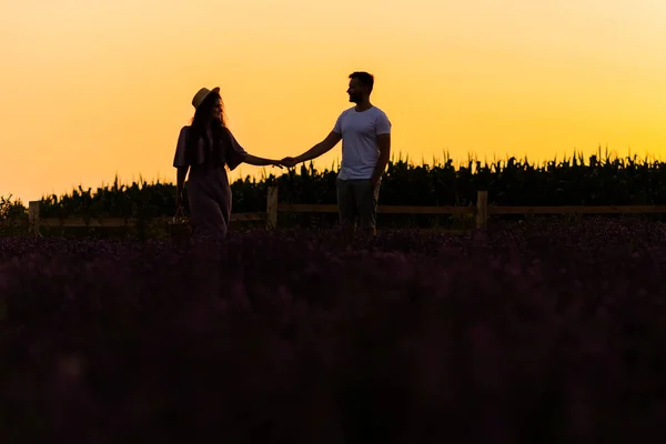 夕暮れ時に畑でリラックスする若いカップルが — ストック写真