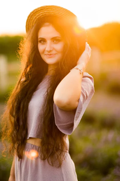 Beautiful Young Woman Field Lavenders — Photo