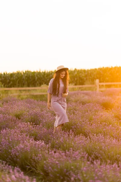 Beautiful Young Woman Field Lavenders — Fotografia de Stock