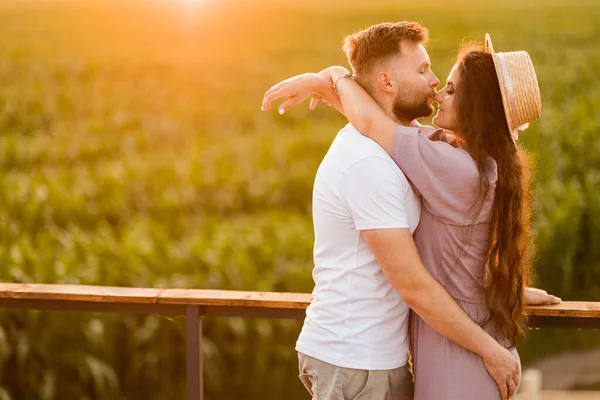 Unga Par Förälskade Kyssas Fältet Vid Solnedgången — Stockfoto