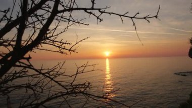 Güneş, Karadağ açıklarındaki Adriyatik Denizi 'nin aşağısında, dalları siluet ve sağında kayalık bir uçurum var. Dalgalar parıldıyor, gökyüzü solgun uçakları gösteriyor..