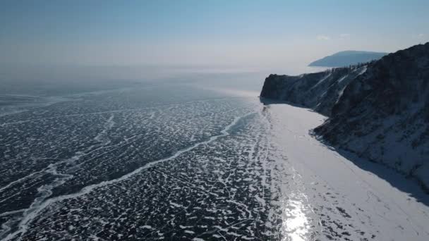 Lago Baikal Congelado Cabo Khoboy Vista Aérea Bela Paisagem Inverno — Vídeo de Stock