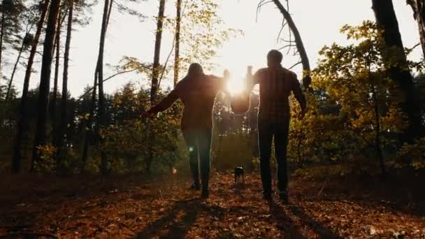 Papá, mamá y el niño están caminando en el bosque — Vídeo de stock