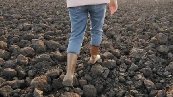 Jordbrukare i gummistövlar går på ett torrt plogat fält — Stockvideo
