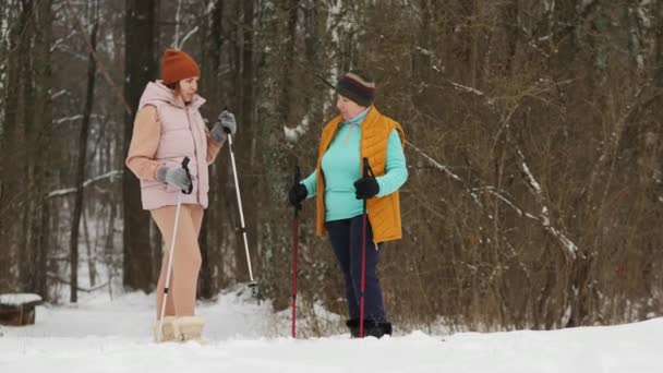 Een jonge vrouwelijke trainer legt een oudere vrouw de techniek van nordic walking in een besneeuwd bos uit — Stockvideo