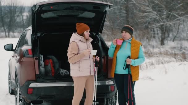 Женщины разговаривают и пьют чай из термоса, стоя возле машины в заснеженной местности. — стоковое видео