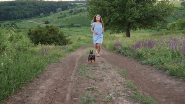 Sonriente adolescente paseando a su perro con una correa en la naturaleza — Vídeo de stock