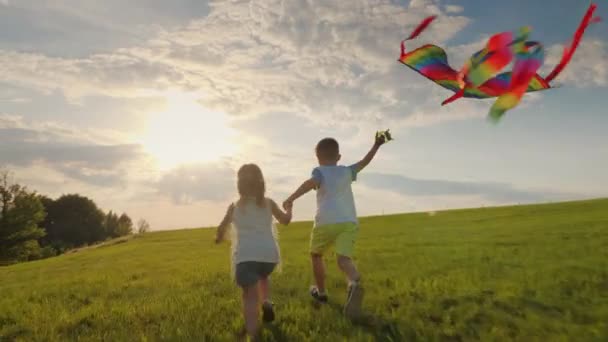 Маленькие дети бегут, держась за руки, играя с воздушным змеем на лугу — стоковое видео