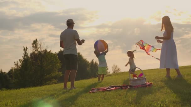 Atividades familiares e jogos com crianças nos fins de semana na natureza — Vídeo de Stock