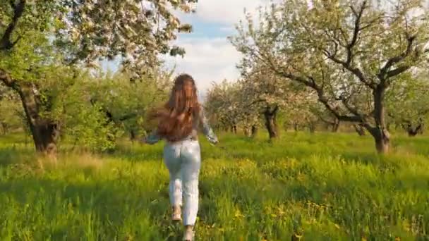 Actieve tiener meisje loopt door bloeiende appel boomgaard — Stockvideo