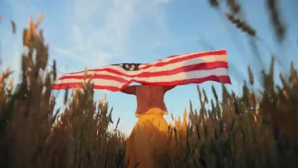 Fiatal nő az USA zászlóval a kezében sétál a mezőn — Stock videók