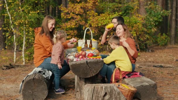 Familie op een picknick op een rustplaats in een dennenbos — Stockvideo
