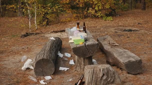 Lixo deixado por pessoas depois de relaxar em uma floresta de pinheiros — Vídeo de Stock