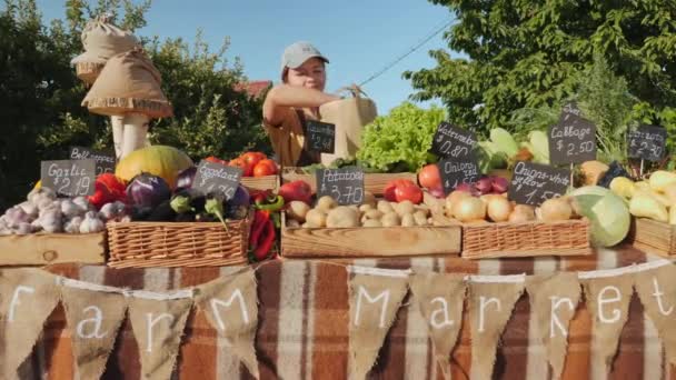 Une jeune agricultrice met un ensemble de légumes frais dans un sac en papier — Video