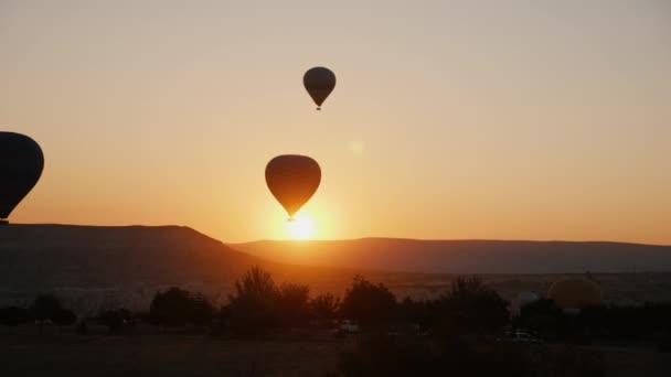 Siluetas de varios globos de aire caliente en el cielo al amanecer — Vídeo de stock