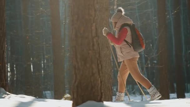 Лижник-початківець з рюкзаком катається на лижах у лісі — стокове відео