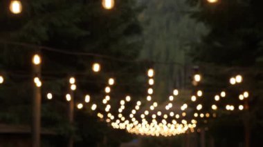 Sıcak sicim ışıkları, el kamerasıyla çekilen bir orman yolunun üzerinde hafifçe parlıyor. Bulanık bokeh etkisi ve yumuşak akşam atmosferi açık hava toplantılarını ya da romantik kırsal akşamları temsil etmek için mükemmel bir ortam yaratır.