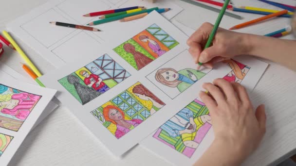 Illustrateur Dessine Storyboard Couleur Sur Papier Esquisses Pour Bandes Dessinées — Video