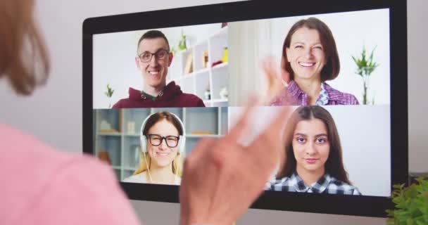 Webinaire Ligne Chat Différentes Personnes Utilisant Écran Moniteur Vidéoconférence Collègues — Video