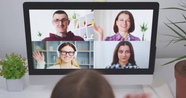 Online Webinar Chat Different People Using Monitor Screen Videoconference Colleagues — 비디오