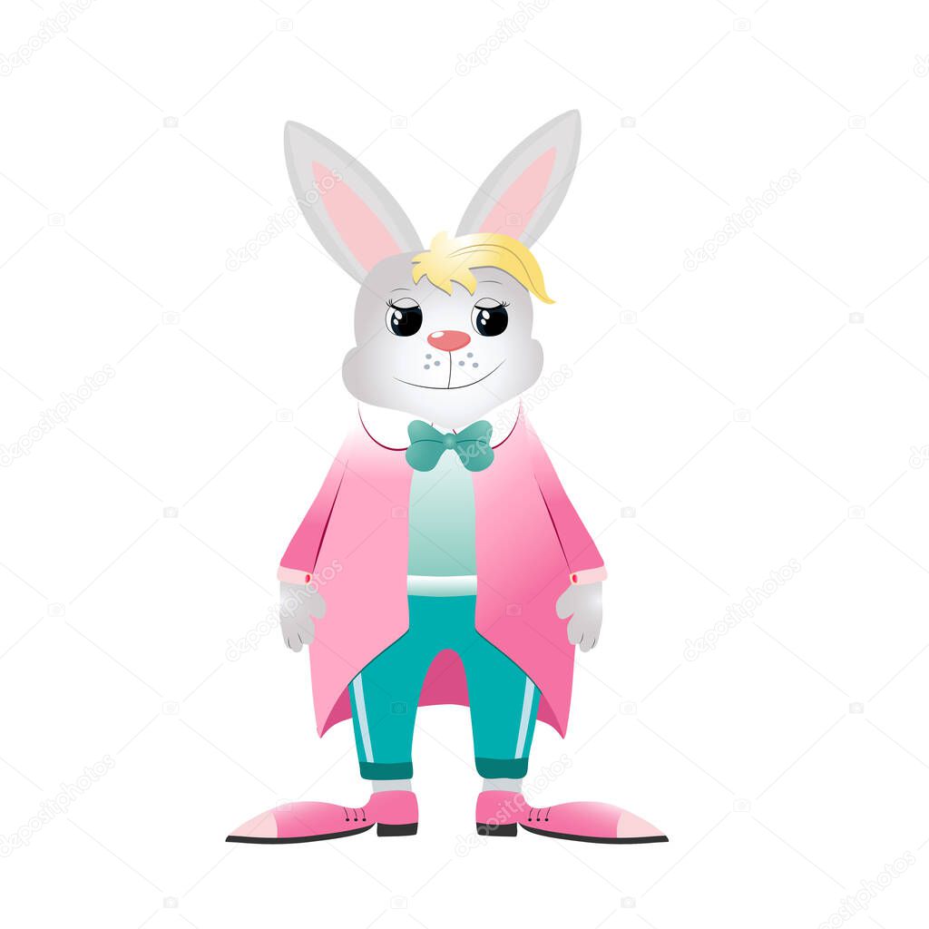 Cute and funny bunny on a white background. Vector illustration of cartoon character. Rabbit dressed in a jacket, pants and tie.
