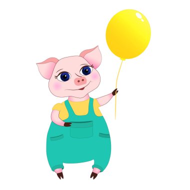  Şapkalı neşeli bir çizgi film, beyaz tulumlu bir domuz. Çocuk partilerine davet için vektör illüstrasyonu. 