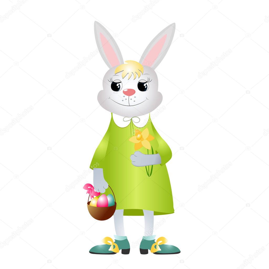 Vector illustration of a cartoon Easter bunny. The lovely rabbit smiles happily. The bunny is dressed in a bright dress and holds a basket of painted eggs.