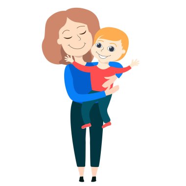 Bir anne oğlunu kollarına alır. Bu küçük bir çocuk, muhtemelen bir okul çocuğu ya da anaokulu öğrencisi. Kadın ve çocuk mutludur, gülümserler. Anneler Günü için çizgi film stili, Ulusal Oğullar Günü. 