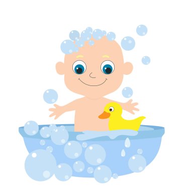 Küvette sabun köpükleri ve sarı plastik ördekle yıkanan küçük şirin bir bebek. Çocuk mutlu bir şekilde gülümsüyor. Beyaz arkaplanda izole edilmiş düz stil çizgi film karakteri.