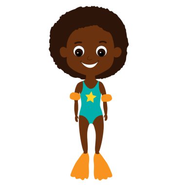 Mavi mayo, palet ve lastik kollu, bronzlaşmış, gülümseyen Afrikalı veya Afrikalı Amerikalı mutlu bir kız. Çocuk tarzında bir karakter yaz tatili ve eğlence gösterir..