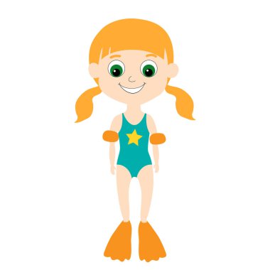 Urquoise mayo, palet ve lastik kollu mutlu bir kız. Çocuk tarzında bir karakter yaz tatili ve eğlence gösterir..