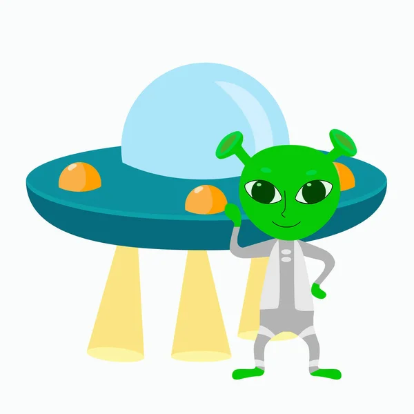 Little Green Alien Waving Hello Flying Saucer Cartoon Funny Vector — Stock Vector