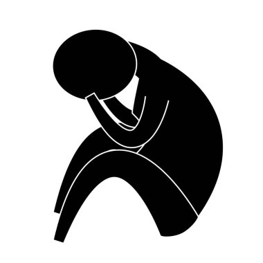 Bir adam elleri ve dizleri üzerine çökmüş şekilde oturur. Silüet, psikolojik sorunların tipik bir pozu. Sıkıntı, depresyon, umutsuzluk. Bilgi Biçimi. 