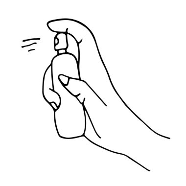 Adamın eli, elleri ve yüzeyleri dezenfekte etmek için antiseptik solüsyon püskürtür. Koronavirüs, grip, enfeksiyon ve bakteri enfeksiyonunun önlenmesi. Beyaz arkaplanda izole edilmiş vektör el çizimi karalama.