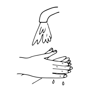 Musluk suyunun altında el yıkama. Vektör elle çizilmiş karalama ana hatları.