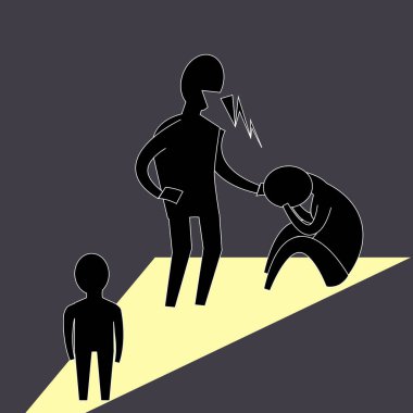 Şiddet şartlarında büyüyen küçük bir çocuk, ebeveynlerden birinin diğerinin dövülmesine tanık oluyor. Grafik stili illüstrasyon, siyah insan siluetleri görünür. Bu gibi ailelerde istismar ve çocuk güvensizliği kavramı. 