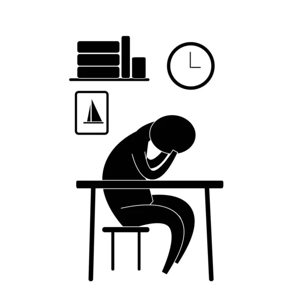 頭で椅子に座っている男のアイコンのシルエットは 彼の手でお辞儀をした その上には本と絵と時計がある棚があります 仕事への意欲の概念 エネルギーの損失 うつ病 睡眠不足 — ストックベクタ