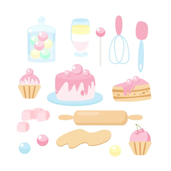Een Set Van Keukenartikelen Snoepjes Een Cartoon Kinderstijl Taart Snoeppot — Stockvector