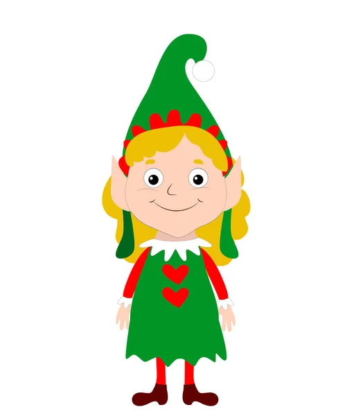 Yeşil Elbiseli Sarışın Elf Kız Dik Durup Gülümsüyor Beyaz Arka — Stok Vektör