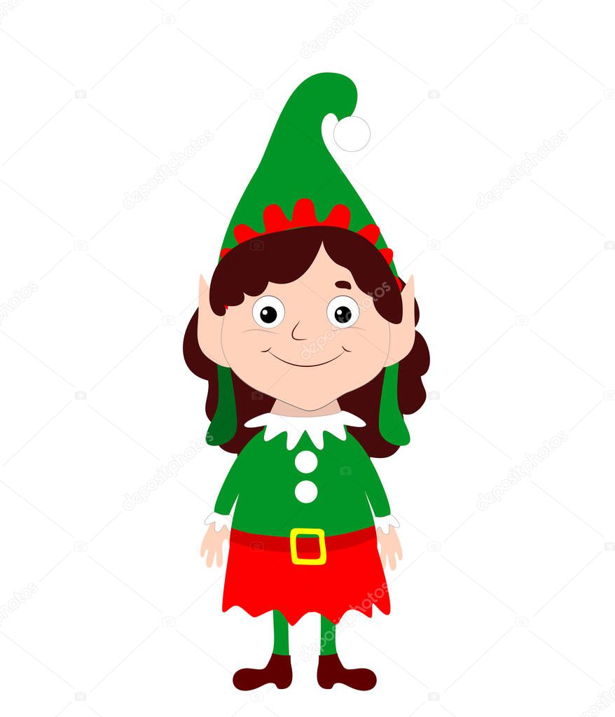 A cute and wonderful elf girl in a red and green suit stands straight and smiles. Christmas cartoon character stock vector illustration for festive website design, social networks on white background.