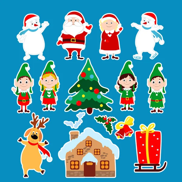 Set Christmas Stickers Santa Claus Mrs Santa Claus Snowmen Elves — Stockový vektor