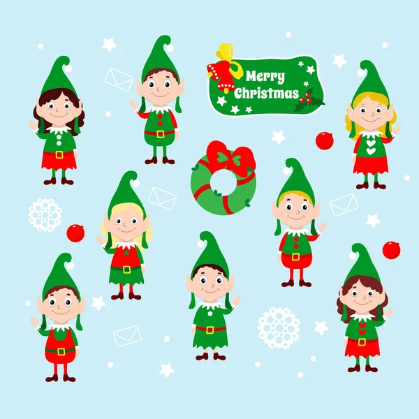 Bir Grup Mutlu Noel Elfleri Noel Baba Yardımcıları Ellerini Sallayıp — Stok Vektör