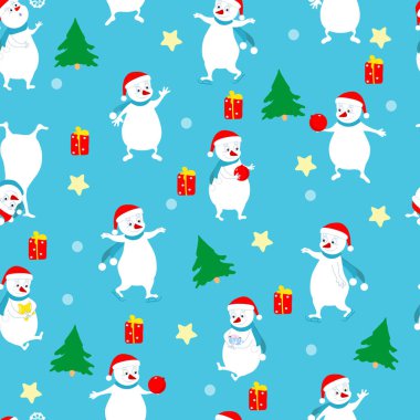 Kusursuz bir Noel deseni, ladin, kardan adam, mavi arka planda yıldızlar. Paketleme, Noel hediyeleri, ambalaj kağıtları, düz duvar kağıtları için desen. Tatilin eğlenceli ve neşeli havası.